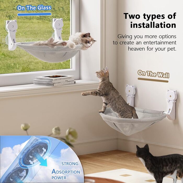 Window perch for cats, foldable & stable cat beds - breathable cat window hammock for monitoring, sunbathing and climbing - holds up to 18kg maximum (mesh cover, grey)