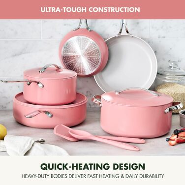 Набір кухонного посуду GreenPan Nova 10 предметів: каструлі, сковорідки, кришки, коралловий, антипригарне покриття без PFAS