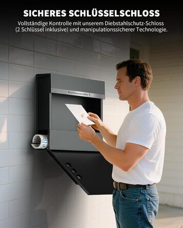 Поштовий ящик Anthrazit з гравіюванням, персоналізований, нержавіюча сталь, з відділенням для газет та замком (2 ключі) | Поштовий ящик з іменним шильдиком та номером будинку