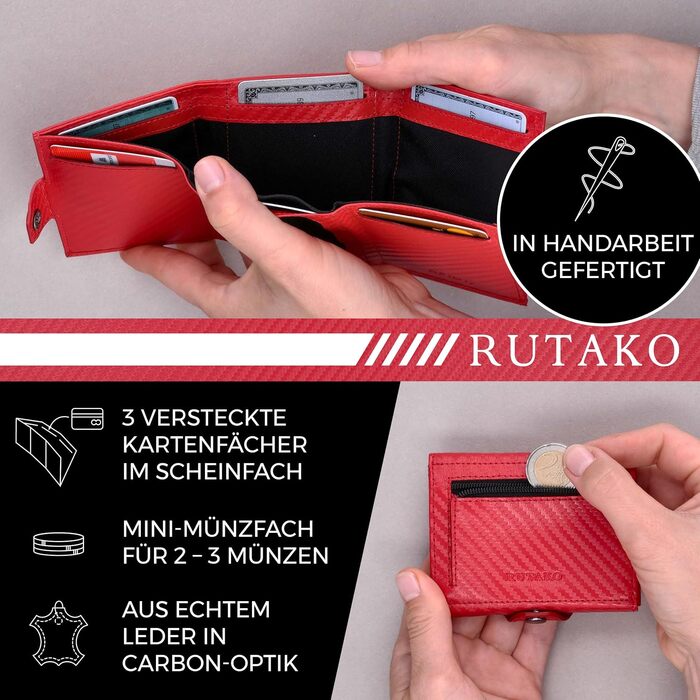 Слімий гаманець RUTAKO з RFID-захистом для чоловіків та жінок, компактний картхолдер з відділенням для монет, Carbon Red