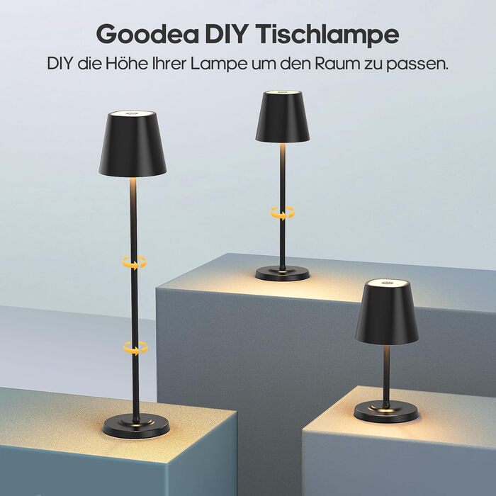 Світлодіодна настільна лампа 3-в-1 бездротова з акумулятором 5500mAh, регульована висота, димування, 3 кольори світла - USB акумуляторна настільна лампа металева водонепроникна сенсорна для дому та вулиці, чорна (набір 2 шт.)