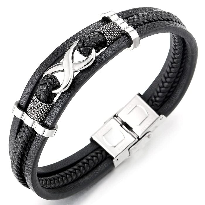 Браслет шкіряний Coolsteel&Beyond Infinity, плетінка з нержавіючої сталі, срібний/чорний