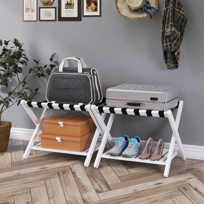 SMIBUY Luggage Rack, 2-Pack, Foldable Bamboo Suitcase Stand with Shelf for Guest Room, Bedroom, Hotel, Heavy-Duty (White)