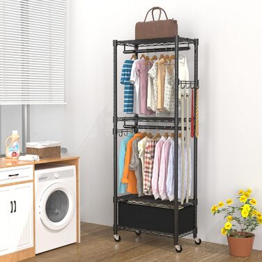 Clothes Rack, Clothes Rack, 4 Tier, Adjustable Closet Organizer System with Drawer | Double Rods | Side Hooks | Holds 445 lbs