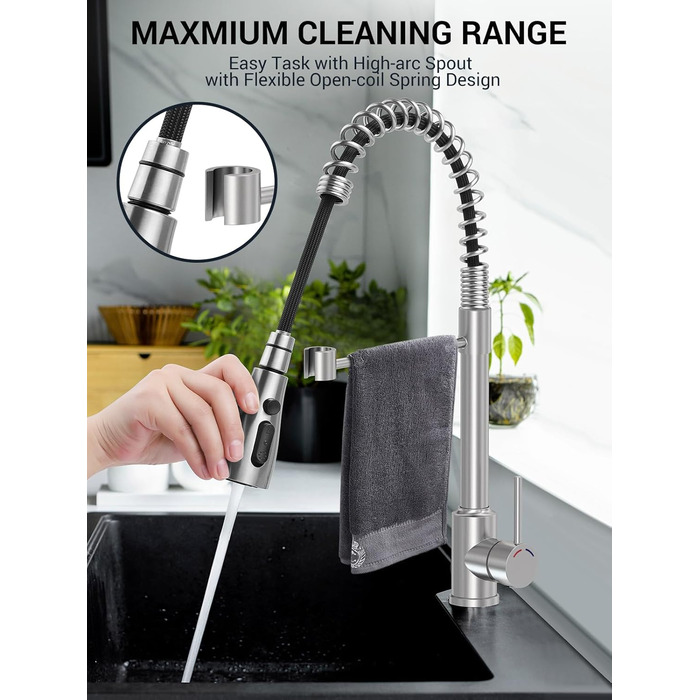 Висувний змішувач для кухні з високим тиском, кухонна арматура з поворотним виливом 360°, 4 режими, високий вигин, нержавіюча сталь, щіткова обробка, змішувач для раковини з одним отвором, ABS-розпилювач, з'єднання G3/8 (тільки для ЄС)