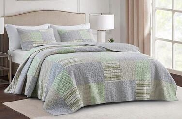 Комплект ковдр Chezmoi Collection Quinn: 3 шт. з квітковим візерунком гібіскуса, смугастий, з бавовни, легко переться – легка двостороння ковдра, розмір Queen (Плед Candy Patchwork Зелений Сірий)