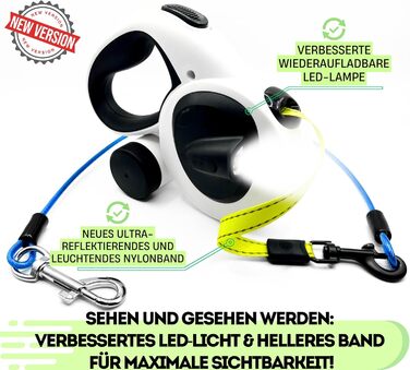 Snuggle Paws Retractable Dog Leash - 5m LED Light, Poop Bag Dispenser, Chew-Proof Steel Cable, Reflective Nylon Band | Extendable Leash for Small Dogs up to 20kg