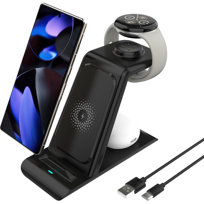 Бездротова зарядка SPGUARD для Google Pixel Watch 3/2/3 та Pixel Buds Pro2, 3-в-1, сумісна з Pixel 10/9/8/7