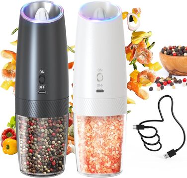 CIRCLE JOY електричний набір млинків для солі та перцю з USB зарядкою, автоматичний, гравітаційний, біле LED-підсвічування, регульований помел, 135 мл, чорний/білий