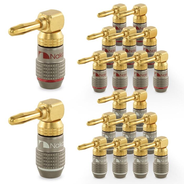 Бананові роз'єми Nakamichi FanLock Excel-Serie, позолочені (24K), кутові, для акустичних кабелів 10-18 AWG, 4 мм, для Hi-Fi та домашнього кінотеатру (20 шт/10 пар)