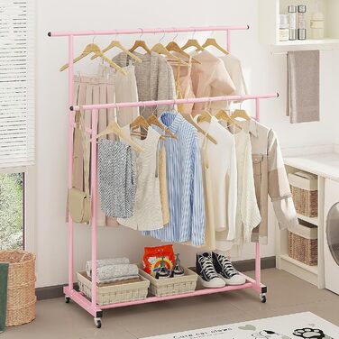 Clothes Rack with Double Rod, Rolling Clothes Rack, Portable Clothes Rack for Bedroom, Living Room, Clothing Store (Pink)