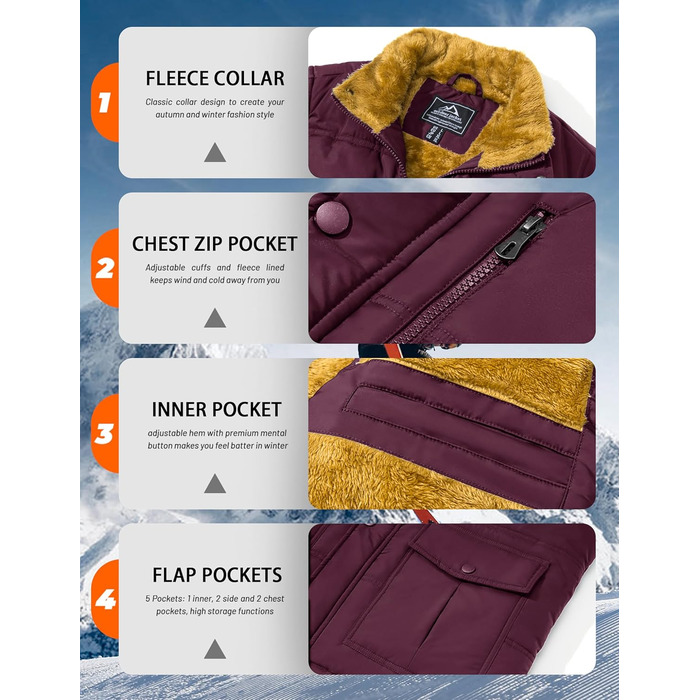 Чоловіча зимова куртка MAGCOMEN з підкладкою з флісу, тепла, з багатьма кишенями (XL, бордовий)