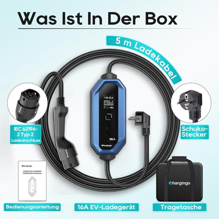 Кабель для зарядки електромобілів Schuko 3.68kW 6-16A з LCD-дисплеєм, 5м, IP65, 16A, для всіх електромобілів (IEC 62196-2, CCS2)