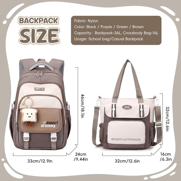 Шкільний рюкзак для дівчаток (3-7 клас), 36L з сумкою через плече, стильний рюкзак-рюкзак для підлітків (колір: коричневий)