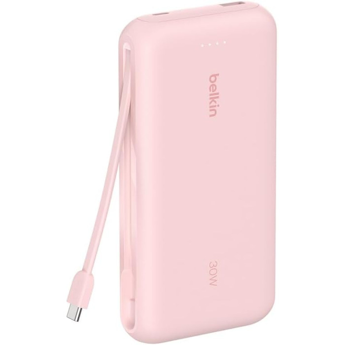 Повербанк Belkin Portable Powerbank 20000 mAh з вбудованим кабелем USB-C, швидка зарядка PD 30W для iPhone 16, iPad Pro, Samsung Galaxy S25, рожевий