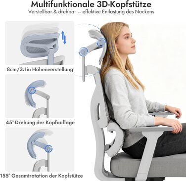 Ергономічне крісло для офісу та геймінгу з регульованою підголівником та 3D підлокітниками, підтримкою попереку, сіре