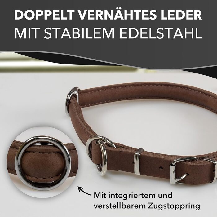 Rund & Weich - Stop Dog Collar Brown L - 55cm with Adjustable Buckle and Integrated Stable Core, Leather Collar with Pull Limiter, Pull Stopper Gentle on Fur, Cowhide Leather