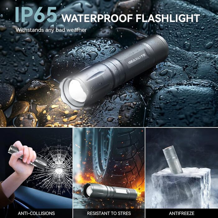 LED ліхтарик Gearlite 2 шт., 2000 люмен, 5 режимів, водонепроникний IP65, для кемпінгу, туризму, дітей, невідкладних ситуацій (сірий)