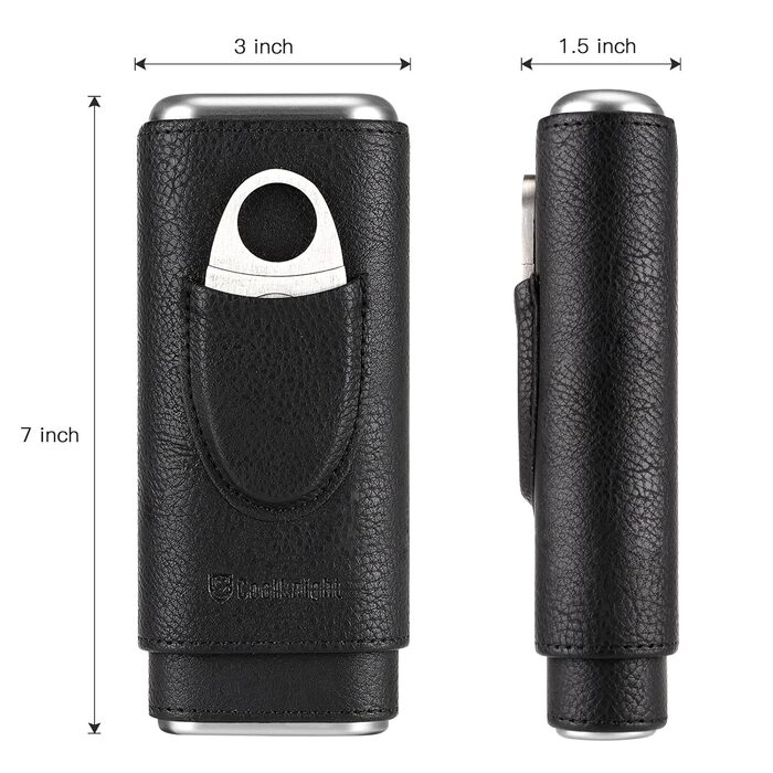 Чохол для сигар COOL KNIGHT з натуральної шкіри, з підкладкою з кедру, для подорожей, з нержавіючою сталею та різаком для сигар, подарункова коробка для поціновувачів сигар (Чорний)