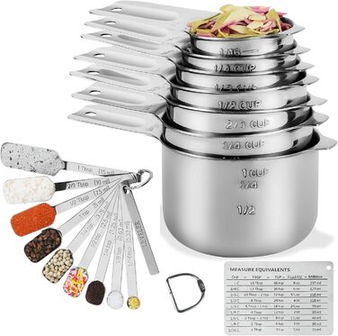 Measuring Cup and Spoon Set, Stainless Steel Measuring Cups and Spoons, 20 Piece, including 7 Measuring Cups and 9 Measuring Spoons, 1 Leveler, 2 Rings, 1 Conversion Chart, Kitchen Gadgets for Cooking and Baking