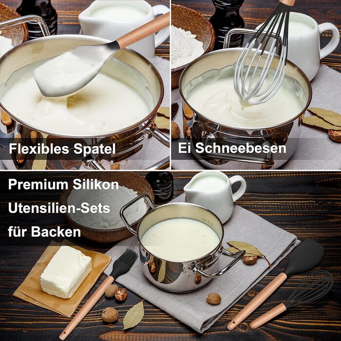 Набір кухонних аксесуарів Herogo: 12 шт. силіконове кухонне приладдя з тримачем, стійке до високих температур, з дерев'яними ручками, антипригарний лопатка (чорний)