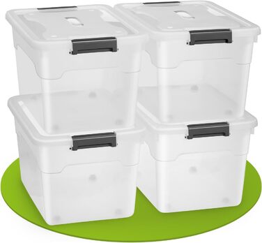 JUSKYS Storage Box with Lid - Set of 4 Plastic Boxes 45L - Large Box, Stackable, Transparent - Storage Organization System Storage Boxes