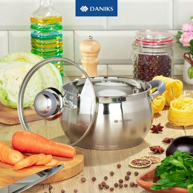 Каструля Daniks Modern з нержавіючої сталі для індукції з скляною кришкою та силіконовими ручками, 20 см, 2.9 л, срібляста – супова/макаронна