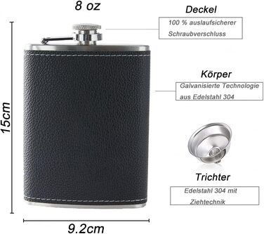 Фляга з нержавіючої сталі 8oz (240 мл) з подарунковим набором: два стакани та воронка. Чорна шкіряна фляга з малюнком лічі. Підходить для алкоголю