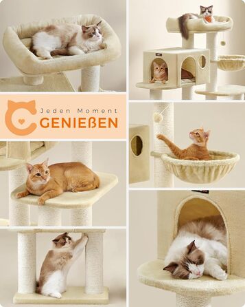 Feandrea Cat Tree for Large Cats, XXL, Heavy-Duty, Cat Tower with 6 Extra Thick Scratching Posts, Large Platform, Cave, Basket, Flexible Assembly, Detachable and Washable Cushions, Beige PCT01M