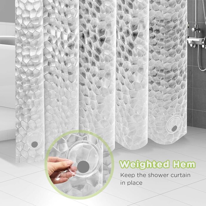 Шторка для душу OTRAKI 200 x 200 см, антигрибкова, EVA, прозора, PVC-free, екологічна, з кільцями, водонепроникна, напівпрозора, 12 кілець