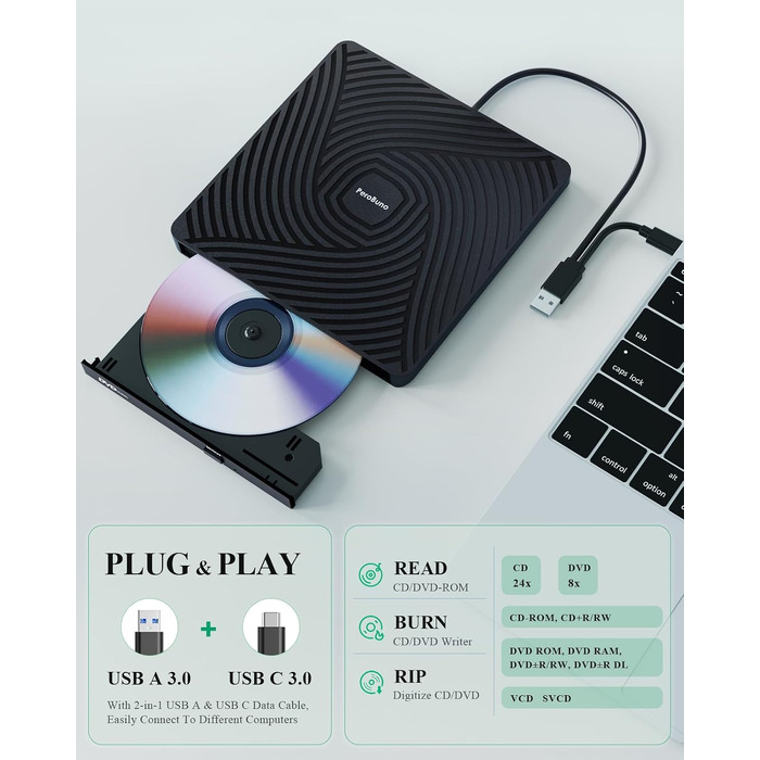 Зовнішній DVD-накопичувач PeroBuno USB 3.0 Type-C, CD ROM +/-RW оптичний привід, ультратонкий DVD-записувач та плеєр для ноутбука, PC, MacBook (Windows, Linux, macOS)