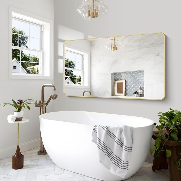 Дзеркало для ванної кімнати BONEWEI, 61 x 121,9 см, прямокутне, для монтажу на стіну, з рамою, косметичне дзеркало з округлими кутами, для спальні, вітальні, передпокою, горизонтальне (Золотий, 150x90 см)