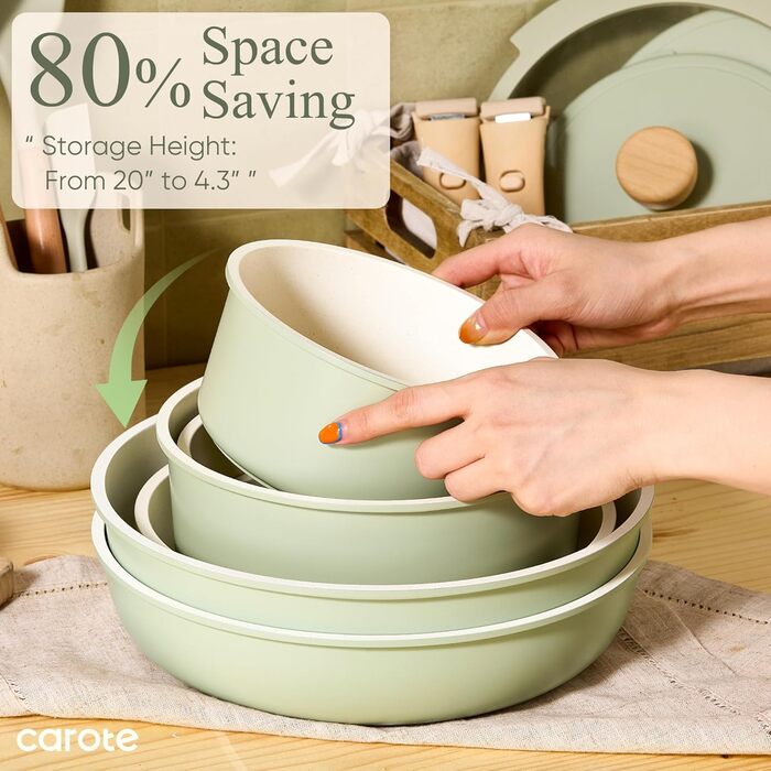Набір посуду Carote Granite 11 предметів з антипригарним покриттям, індукційна сумісність, знімні ручки, зелений – для дому та кемпінгу