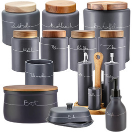 Набір контейнерів для зберігання KHG для кухні, антрацитово-сірий колір з дерев'яними кришками, кераміка, стеатоліт, з маркуванням, органайзер для кухні, без пластику, світлонепроникний, повний набір