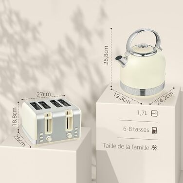 Набір HOMCOM: чайник та тостер 2200 Вт, нержавіюча сталь, 1,7 л, 4-х тостовий, 7 рівнів підсмажування, розморожування, підігріву, зйомний піддон для крихт