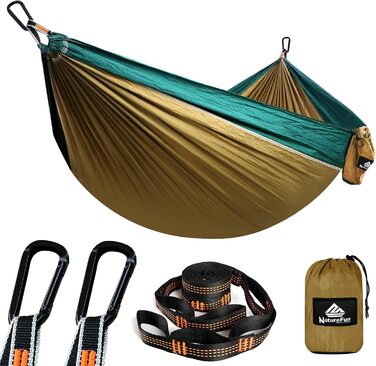 Легка туристична гамак NATUREFUN для кемпінгу | 300 кг вантажопідйомність, 275 x 140 см, дихаючий матеріал, швидковисихаючий нейлон, 2 карабіни, 2 петлі, для дому, саду, намету | Колір: верблюжий/темно-зелений