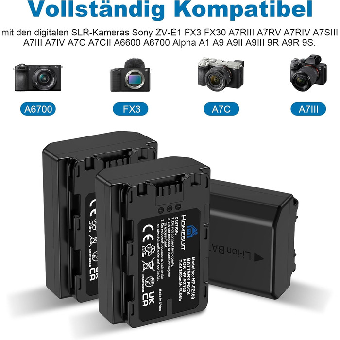 Акумулятор NP-FZ100 Homesuit 2280mAh та подвійний зарядний пристрій для камер Sony ZV-E1, FX3, FX30, A7RIII, A7RV, A7RIV, A7SIII, A7III, A7IV, A7C, A7CII, A6600, A6700, Alpha A1, A9, A9II, A9III, 9R, A9R, 9S (2 шт.) + LED зарядний пристрій (3 шт. акумулят