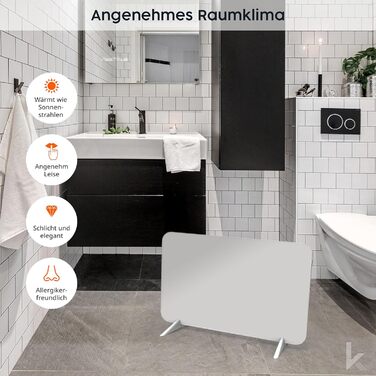 Обігрівач KönigsHaus 450W Smart з інфрачервоним випромінюванням - підлоговий/настінний - керування через Wi-Fi з додатком та пультом - з тримачем для рушників, ніжками та кріпленням - білий 450 Вт - білий