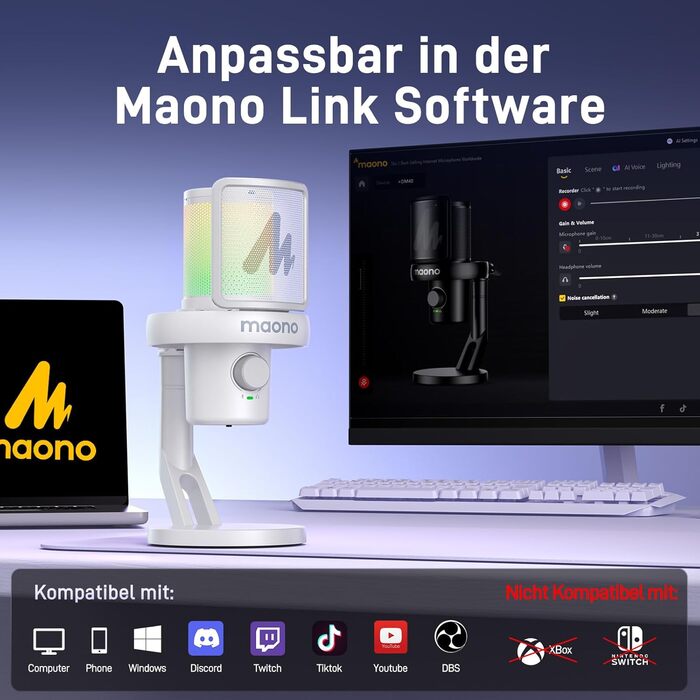 MAONO DM40 Бездротовий мікрофон для ПК з RGB підсвічуванням та ШІ-зміною голосу, 3-рівнева шумозаглушення, для геймінгу, подкастингу та стрімінгу