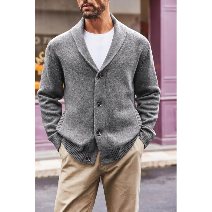 Чоловіча в'язана куртка Runcati з коміром-шарфом, стильна, на ґудзиках, зимова, з рельєфним в'язанням, груба в'язка (M, сіра)