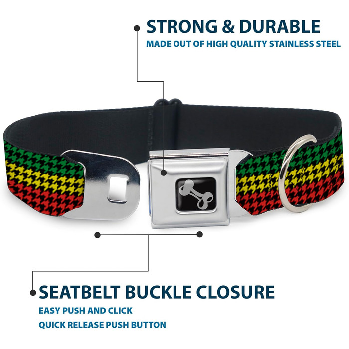 Нашийник для собак Buckle-Down Seatbelt Buckle - Houndstooth Black/Rasta, 1' шириною, розмір L (15-26 дюймів)