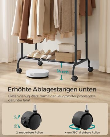 SONGMICS Clothes Rack with 2 Clothes Rods, Extendable Garment Rod, with Wheels, Coat Rack, Height Adjustable between 113 and 180 cm, Lower Rod Adjustable, LLR401R01 (Ink Black, 120D x 50W x 156H cm)