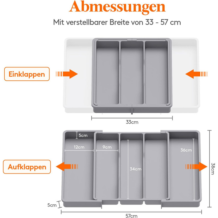 Органайзер для столових приборів Lifewit в шухляду, розширюваний 33-57 см, сірий - пластиковий тримач для ножів, виделок, кухонний органайзер 38 см