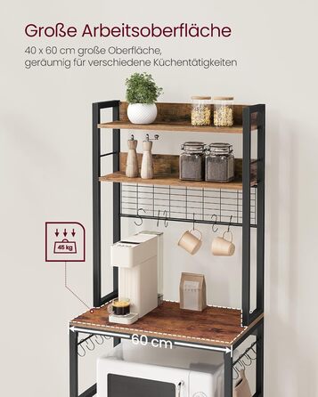 Стелаж кухонний VASAGLE з розетками, для мікрохвильової печі, з решіткою, 14 гачків, антрацит-чорний, 40x60x170 см, вінтажний коричневий + чорний