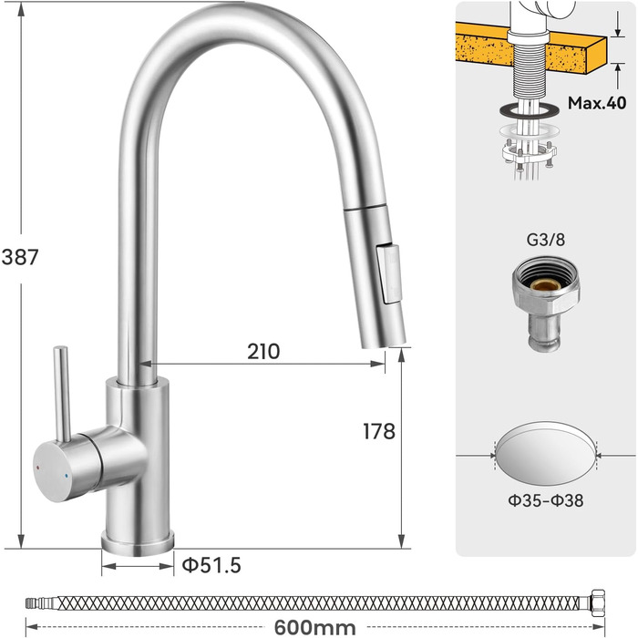 Чорний кухонний змішувач CECIPA SOFETIY SERIE з висувною лійкою, нержавіюча сталь, 360° обертання, 2 режими струменя