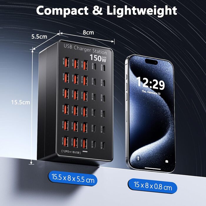 USB-станція зарядки 30 портів 150W USB-C, хаб для iPhone/Samsung/Pixel/планшетів. Мережевий адаптер живлення