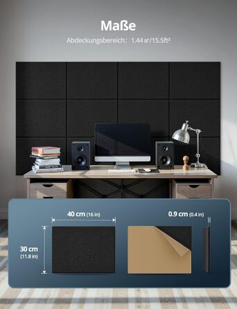 Акустичні панелі для звукоізоляції стін прямокутні, шумопоглинаючі панелі високої щільності з самоклейкою, чорні (30x40x0.9 см, 12 шт)