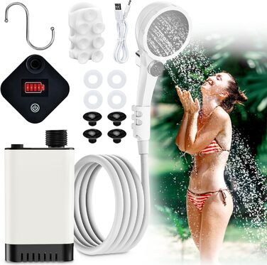 Portable Camping Shower with Battery 6000mAh Rechargeable, Camping Shower with Pump, Outdoor Shower with Adjustable Water Pressure for Camping, Hiking, Pet, Mobile Shower, RV Shower