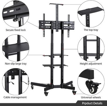 Yaheetech Rolling TV Stand with Brakes - Adjustable Height, 3 Shelves, VESA 100x100 to 600x400 - Fits 32-75 inch TVs