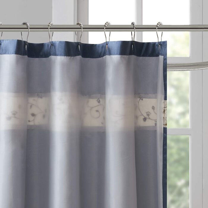 Штора для душу Madison Park Serene Flora, бавовна, вишивка, 72x72 см, колір Navy
